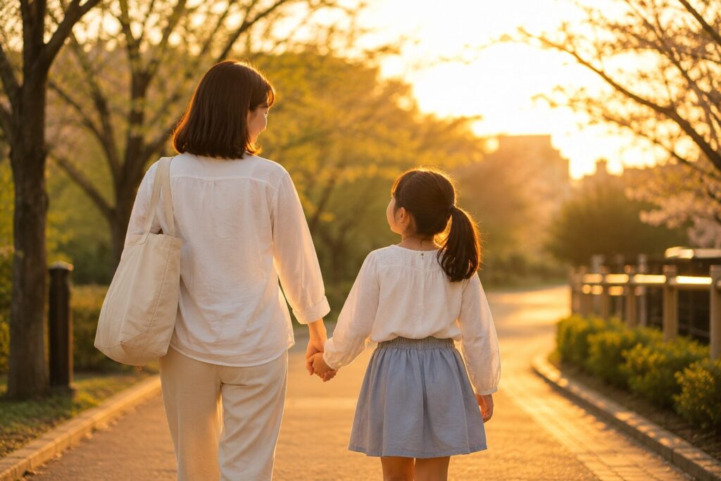 夕日の中を寄り添って歩く母娘の後ろ姿。家族との時間を大切にしたいという思いを表現したイメージ写真。