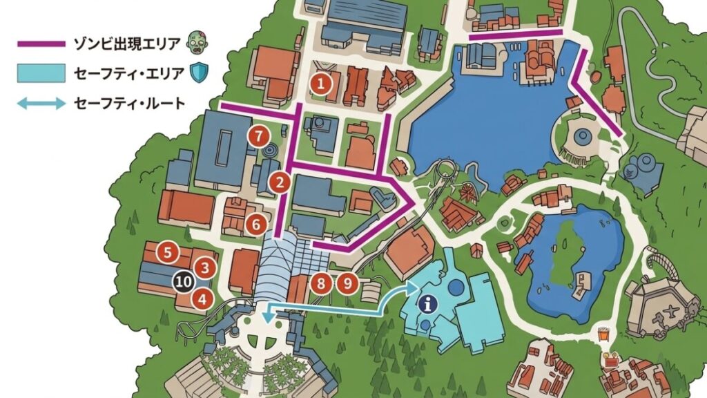 USJのゾンビ出現ルートとセーフティルートを示した画像